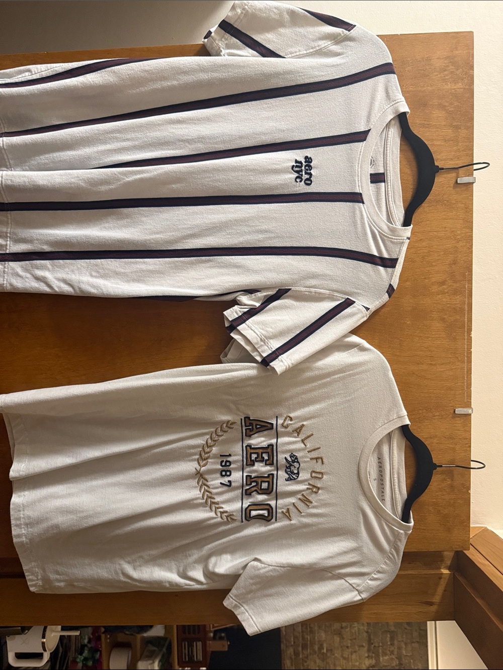 2 Aeropostale White Short Sleeve Tee’s with Navy Stripe / embroidered logo